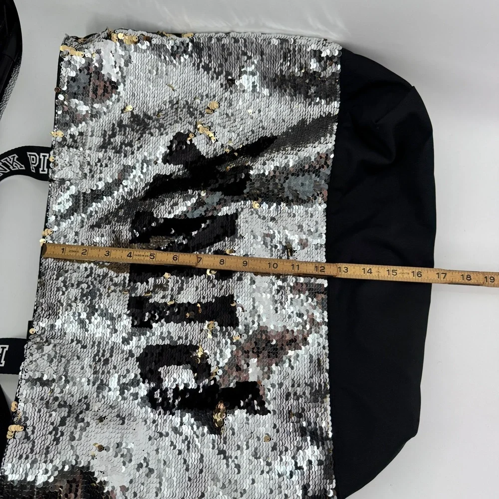 NWOT PINK By Victoria Secret Sequin Tote Bag Silver‎ Black Spellout straps - Picture 11 of 15